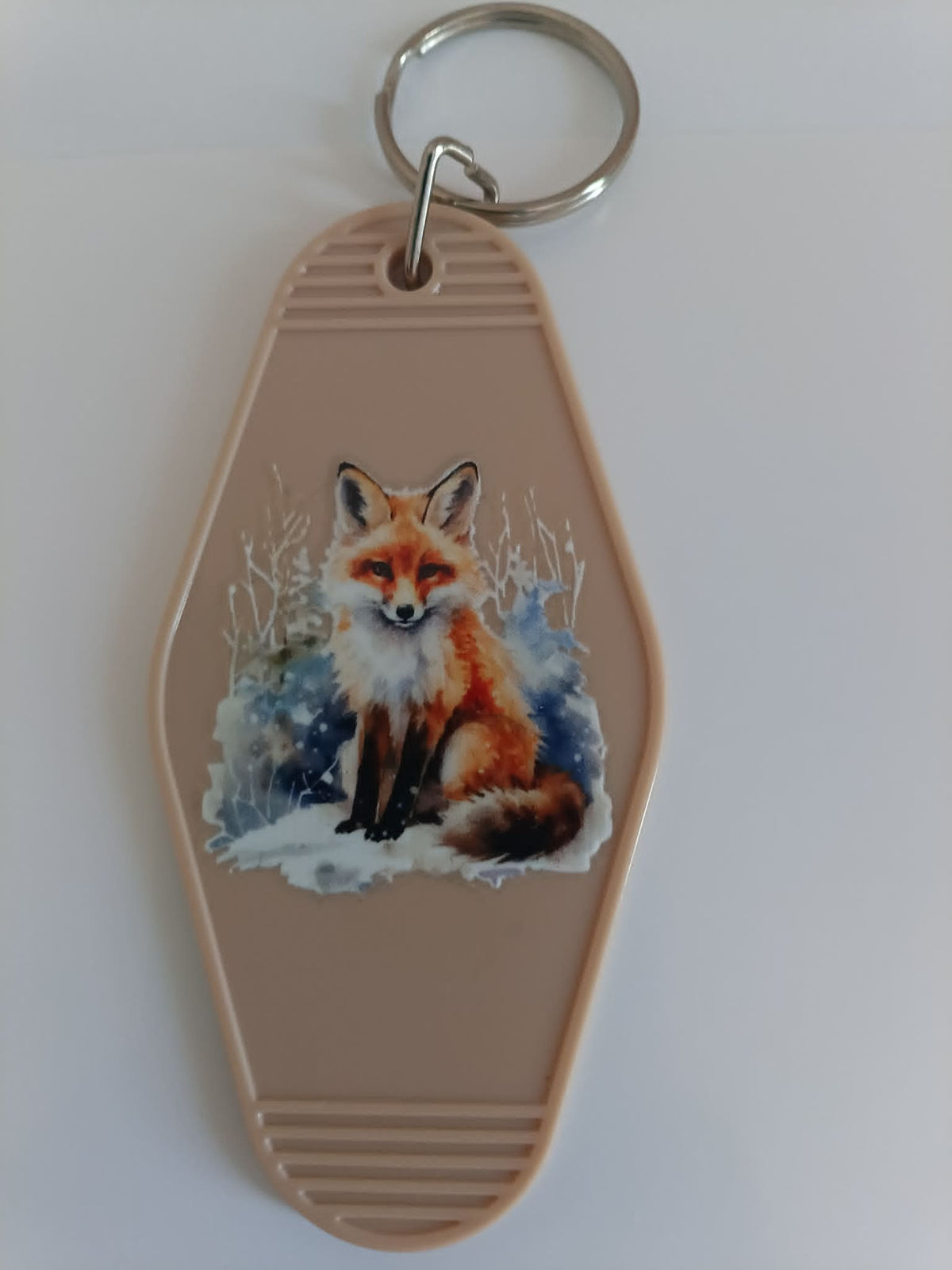 Winter Fox Watercolor Retro Motel Keychain